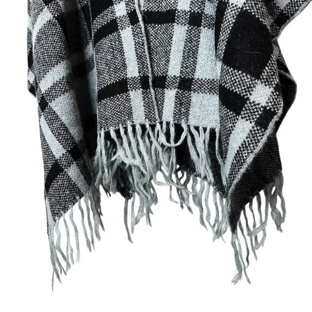 Soft Surroundings Black and Gray Plaid Faux Fur Trim Poncho